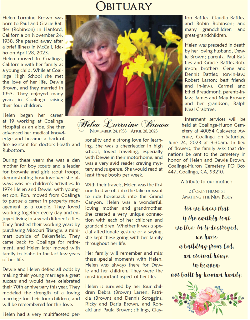 Obituaries Coalinga Press